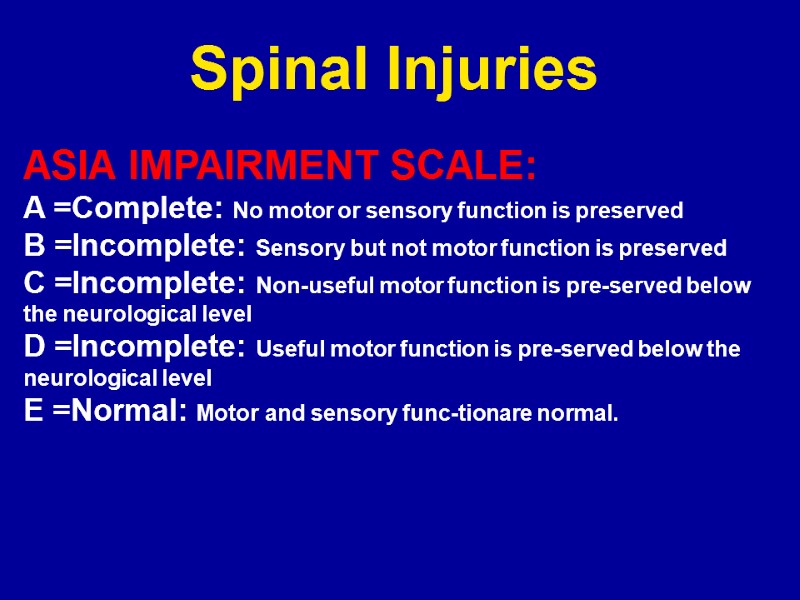 Spinal Injuries ASIA IMPAIRMENT SCALE: A =Complete: No motor or sensory function is preserved